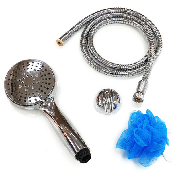 מזלף מקלחת 5 מצבים עם צינור ומתלה ניקל מבריק P158